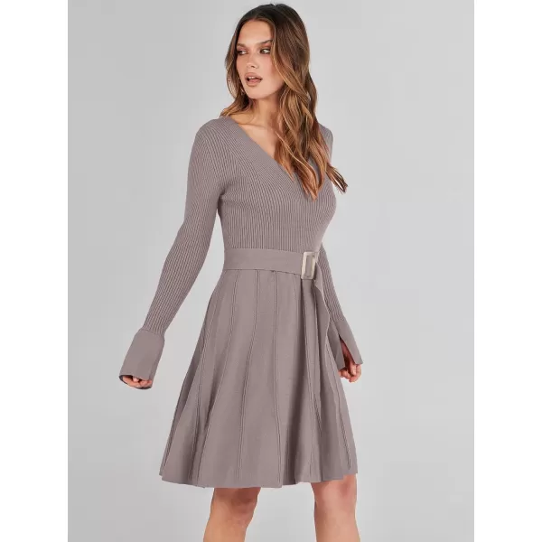 imageANRABESS Womens Sweater Dress Long Sleeve V Neck Tie Waist Pleated ALine 2023 Fall Elegant Ribbed Knit Midi DressesGray Purple