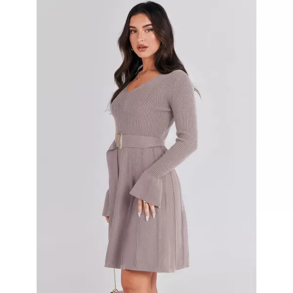 imageANRABESS Womens Sweater Dress Long Sleeve V Neck Tie Waist Pleated ALine 2023 Fall Elegant Ribbed Knit Midi DressesGray Purple