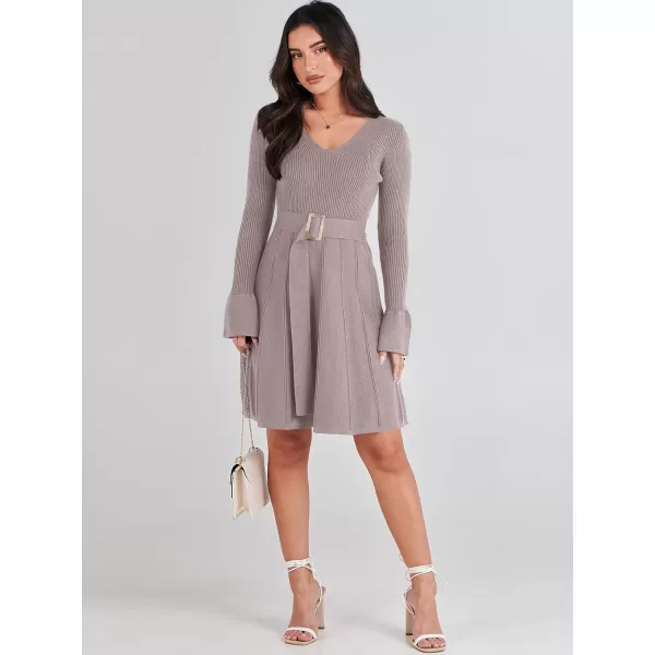 imageANRABESS Womens Sweater Dress Long Sleeve V Neck Tie Waist Pleated ALine 2023 Fall Elegant Ribbed Knit Midi DressesGray Purple