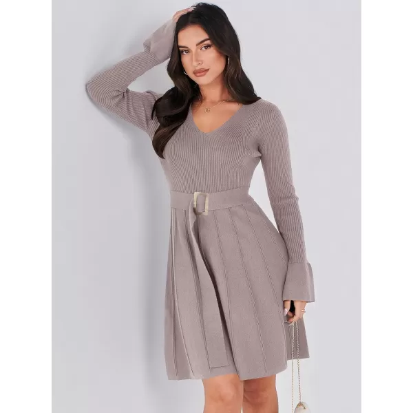 imageANRABESS Womens Sweater Dress Long Sleeve V Neck Tie Waist Pleated ALine 2023 Fall Elegant Ribbed Knit Midi DressesGray Purple