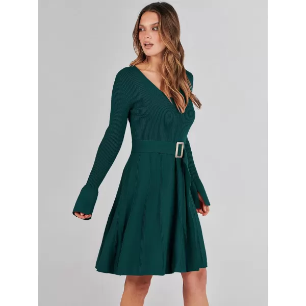 imageANRABESS Womens Sweater Dress Long Sleeve V Neck Tie Waist Pleated ALine 2023 Fall Elegant Ribbed Knit Midi DressesGreen