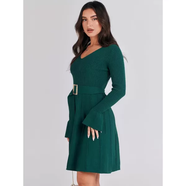 imageANRABESS Womens Sweater Dress Long Sleeve V Neck Tie Waist Pleated ALine 2023 Fall Elegant Ribbed Knit Midi DressesGreen