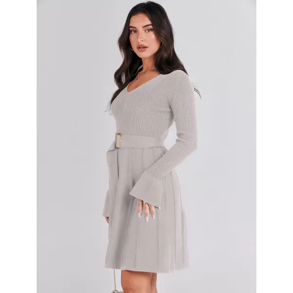 imageANRABESS Womens Sweater Dress Long Sleeve V Neck Tie Waist Pleated ALine 2023 Fall Elegant Ribbed Knit Midi DressesGrey