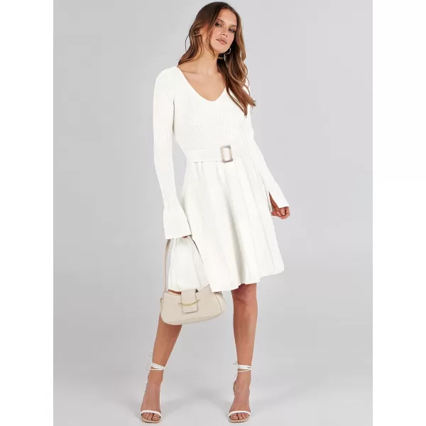 imageANRABESS Womens Sweater Dress Long Sleeve V Neck Tie Waist Pleated ALine 2023 Fall Elegant Ribbed Knit Midi DressesGrey