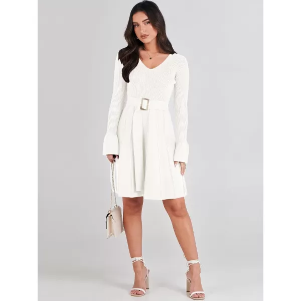 imageANRABESS Womens Sweater Dress Long Sleeve V Neck Tie Waist Pleated ALine 2023 Fall Elegant Ribbed Knit Midi DressesGrey