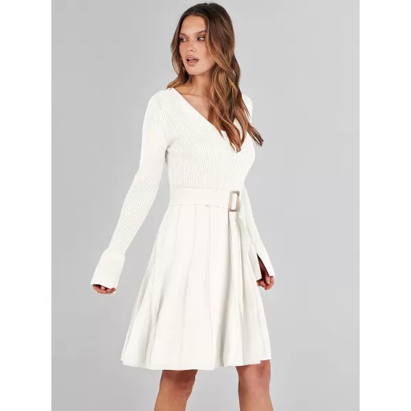 imageANRABESS Womens Sweater Dress Long Sleeve V Neck Tie Waist Pleated ALine 2023 Fall Elegant Ribbed Knit Midi DressesGrey