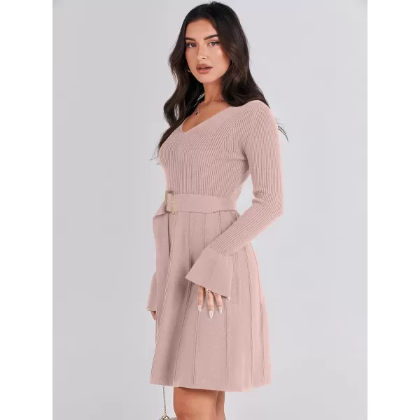 imageANRABESS Womens Sweater Dress Long Sleeve V Neck Tie Waist Pleated ALine 2023 Fall Elegant Ribbed Knit Midi DressesPink