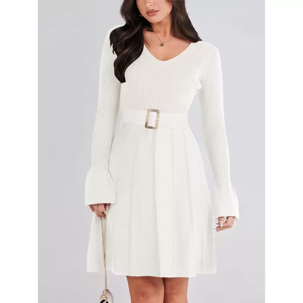 imageANRABESS Womens Sweater Dress Long Sleeve V Neck Tie Waist Pleated ALine 2023 Fall Elegant Ribbed Knit Midi DressesPink