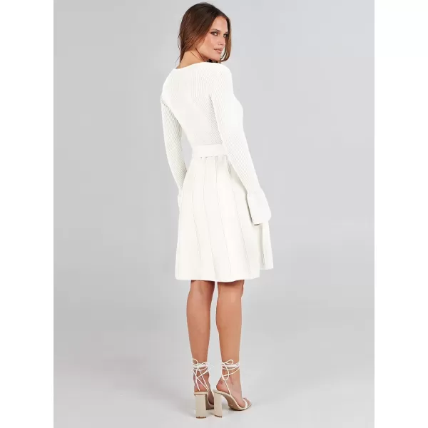 imageANRABESS Womens Sweater Dress Long Sleeve V Neck Tie Waist Pleated ALine 2023 Fall Elegant Ribbed Knit Midi DressesPink