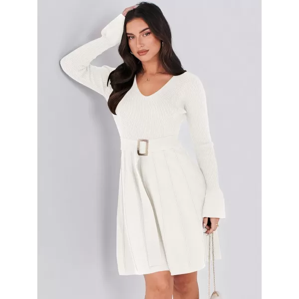 imageANRABESS Womens Sweater Dress Long Sleeve V Neck Tie Waist Pleated ALine 2023 Fall Elegant Ribbed Knit Midi DressesPink