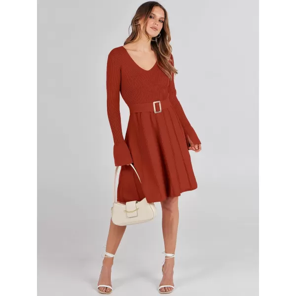imageANRABESS Womens Sweater Dress Long Sleeve V Neck Tie Waist Pleated ALine 2023 Fall Elegant Ribbed Knit Midi DressesRed