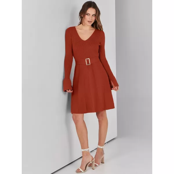 imageANRABESS Womens Sweater Dress Long Sleeve V Neck Tie Waist Pleated ALine 2023 Fall Elegant Ribbed Knit Midi DressesRust