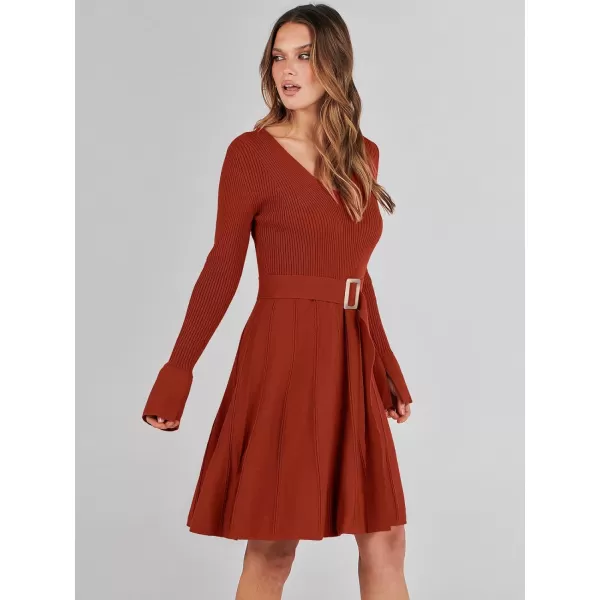 imageANRABESS Womens Sweater Dress Long Sleeve V Neck Tie Waist Pleated ALine 2023 Fall Elegant Ribbed Knit Midi DressesRust