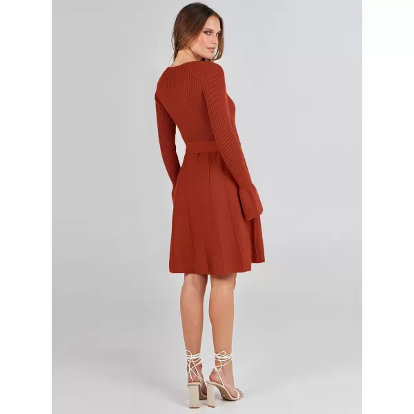imageANRABESS Womens Sweater Dress Long Sleeve V Neck Tie Waist Pleated ALine 2023 Fall Elegant Ribbed Knit Midi DressesRust