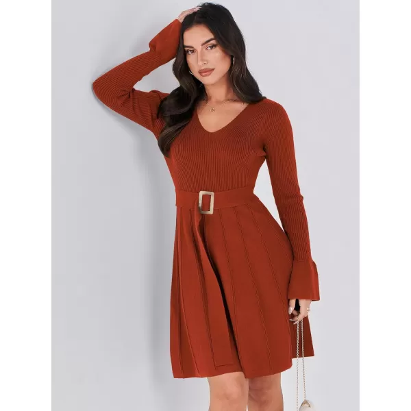 imageANRABESS Womens Sweater Dress Long Sleeve V Neck Tie Waist Pleated ALine 2023 Fall Elegant Ribbed Knit Midi DressesRust