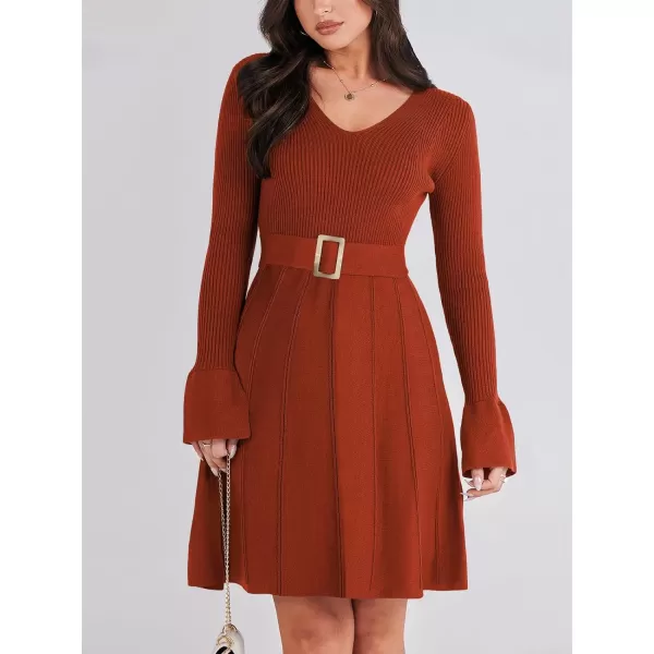imageANRABESS Womens Sweater Dress Long Sleeve V Neck Tie Waist Pleated ALine 2023 Fall Elegant Ribbed Knit Midi DressesRust