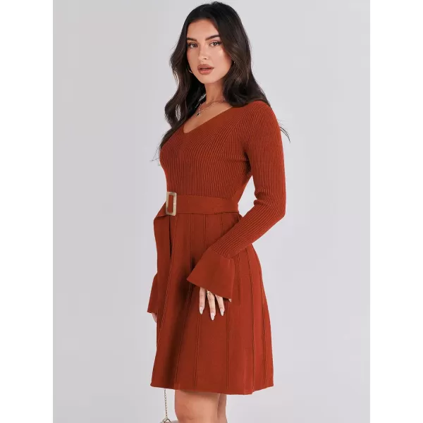 imageANRABESS Womens Sweater Dress Long Sleeve V Neck Tie Waist Pleated ALine 2023 Fall Elegant Ribbed Knit Midi DressesRust