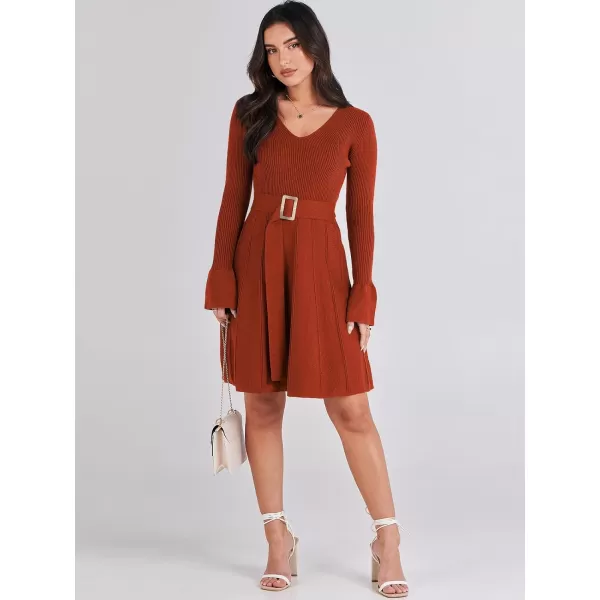 imageANRABESS Womens Sweater Dress Long Sleeve V Neck Tie Waist Pleated ALine 2023 Fall Elegant Ribbed Knit Midi DressesRust