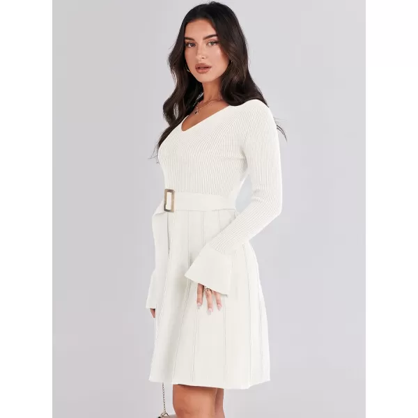 imageANRABESS Womens Sweater Dress Long Sleeve V Neck Tie Waist Pleated ALine 2023 Fall Elegant Ribbed Knit Midi DressesWhite