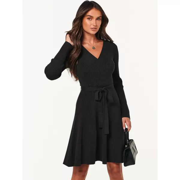 imageANRABESS Womens Sweater Dress V Neck Long Sleeve Tie Waist ALine Swing Ribbed Knit Short Dresses with BeltBlack