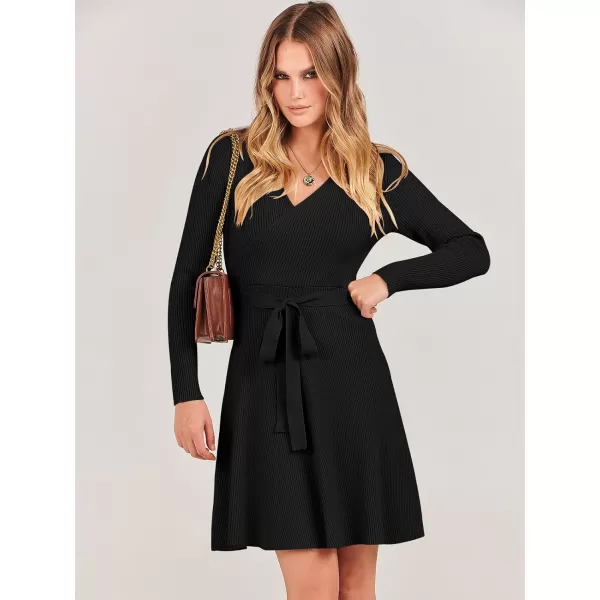 imageANRABESS Womens Sweater Dress V Neck Long Sleeve Tie Waist ALine Swing Ribbed Knit Short Dresses with BeltBlack