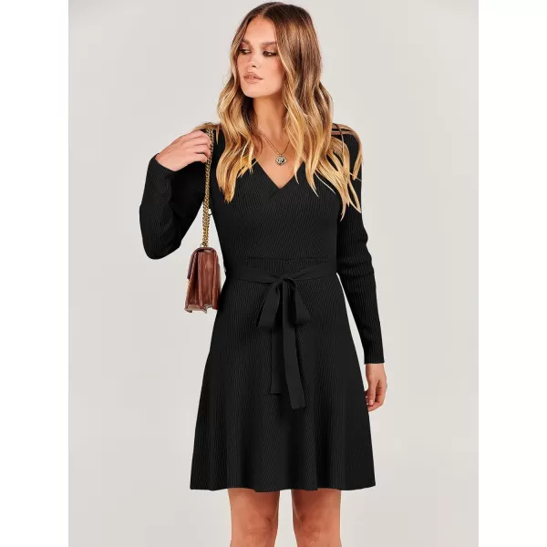 imageANRABESS Womens Sweater Dress V Neck Long Sleeve Tie Waist ALine Swing Ribbed Knit Short Dresses with BeltBlack