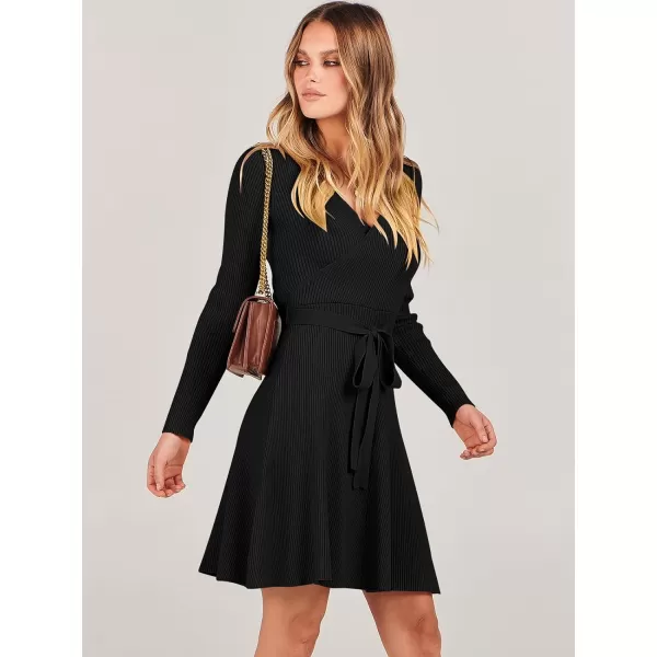 imageANRABESS Womens Sweater Dress V Neck Long Sleeve Tie Waist ALine Swing Ribbed Knit Short Dresses with BeltBlack