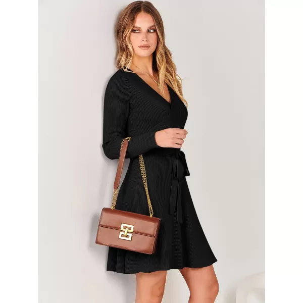 imageANRABESS Womens Sweater Dress V Neck Long Sleeve Tie Waist ALine Swing Ribbed Knit Short Dresses with BeltBlack