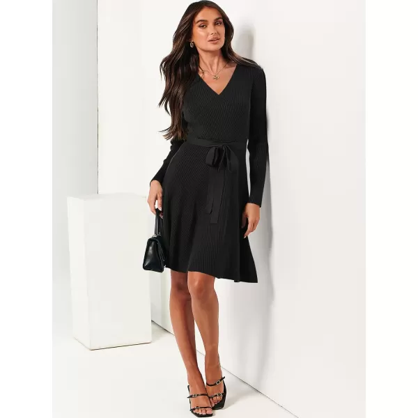 imageANRABESS Womens Sweater Dress V Neck Long Sleeve Tie Waist ALine Swing Ribbed Knit Short Dresses with BeltBlack