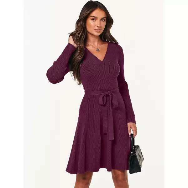 imageANRABESS Womens Sweater Dress V Neck Long Sleeve Tie Waist ALine Swing Ribbed Knit Short Dresses with BeltBurgundy