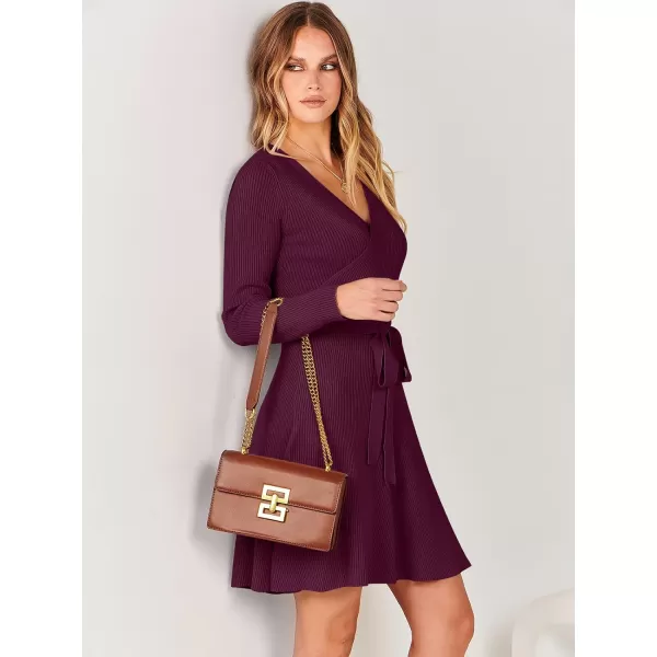 imageANRABESS Womens Sweater Dress V Neck Long Sleeve Tie Waist ALine Swing Ribbed Knit Short Dresses with BeltBurgundy