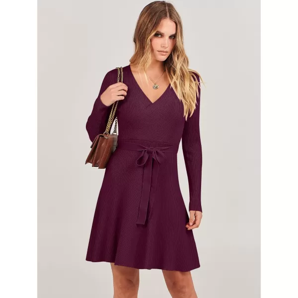 imageANRABESS Womens Sweater Dress V Neck Long Sleeve Tie Waist ALine Swing Ribbed Knit Short Dresses with BeltBurgundy
