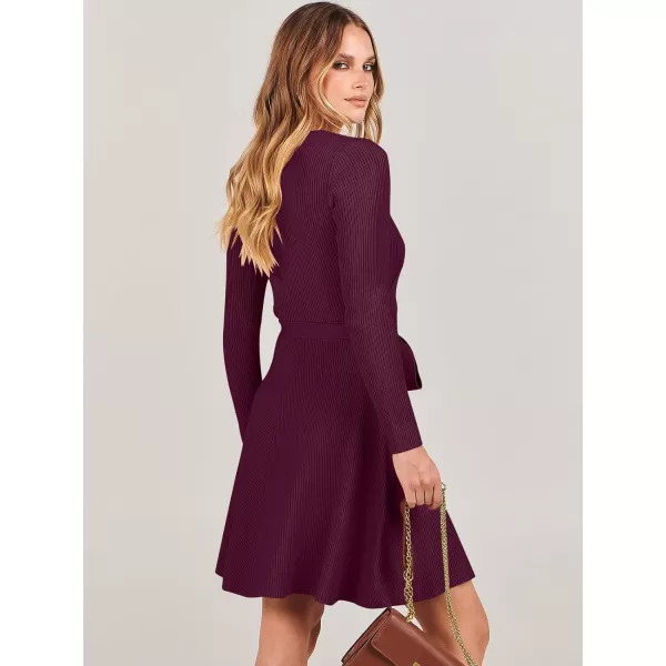 imageANRABESS Womens Sweater Dress V Neck Long Sleeve Tie Waist ALine Swing Ribbed Knit Short Dresses with BeltBurgundy