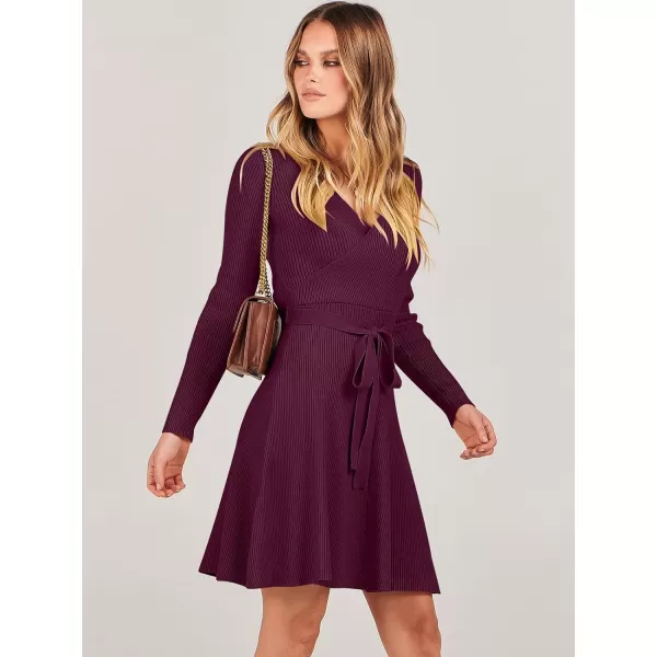 imageANRABESS Womens Sweater Dress V Neck Long Sleeve Tie Waist ALine Swing Ribbed Knit Short Dresses with BeltBurgundy