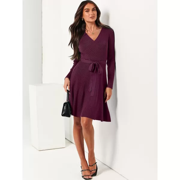 imageANRABESS Womens Sweater Dress V Neck Long Sleeve Tie Waist ALine Swing Ribbed Knit Short Dresses with BeltBurgundy