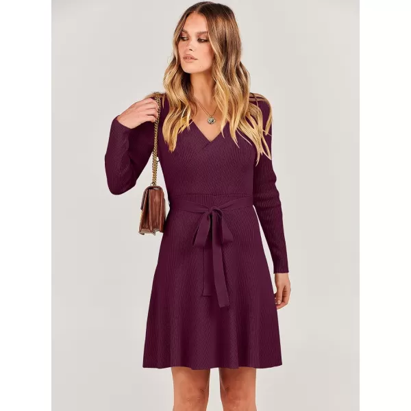 imageANRABESS Womens Sweater Dress V Neck Long Sleeve Tie Waist ALine Swing Ribbed Knit Short Dresses with BeltBurgundy