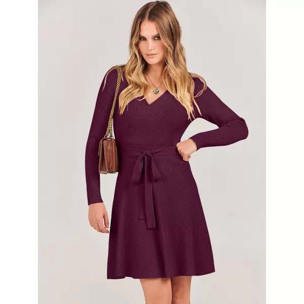 imageANRABESS Womens Sweater Dress V Neck Long Sleeve Tie Waist ALine Swing Ribbed Knit Short Dresses with BeltBurgundy