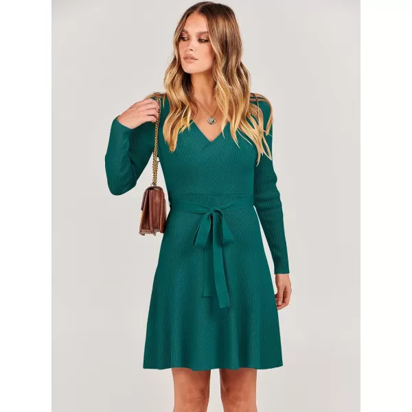 imageANRABESS Womens Sweater Dress V Neck Long Sleeve Tie Waist ALine Swing Ribbed Knit Short Dresses with BeltGreen