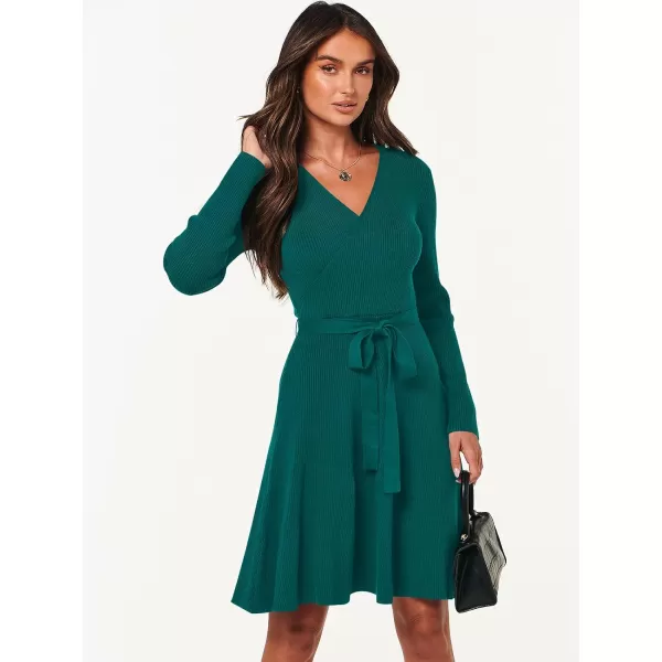 imageANRABESS Womens Sweater Dress V Neck Long Sleeve Tie Waist ALine Swing Ribbed Knit Short Dresses with BeltGreen
