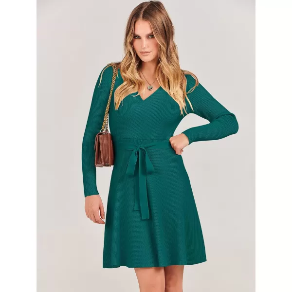 imageANRABESS Womens Sweater Dress V Neck Long Sleeve Tie Waist ALine Swing Ribbed Knit Short Dresses with BeltGreen