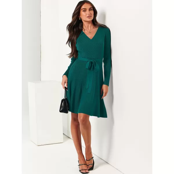 imageANRABESS Womens Sweater Dress V Neck Long Sleeve Tie Waist ALine Swing Ribbed Knit Short Dresses with BeltGreen