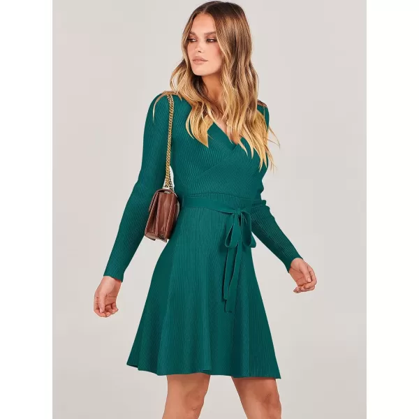 imageANRABESS Womens Sweater Dress V Neck Long Sleeve Tie Waist ALine Swing Ribbed Knit Short Dresses with BeltGreen