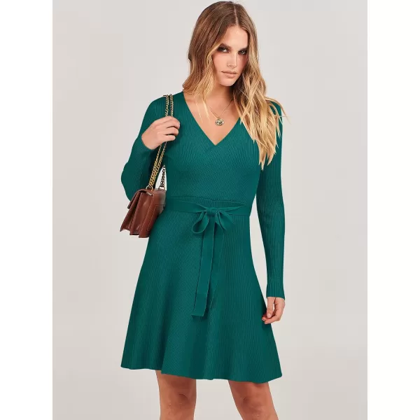 imageANRABESS Womens Sweater Dress V Neck Long Sleeve Tie Waist ALine Swing Ribbed Knit Short Dresses with BeltGreen