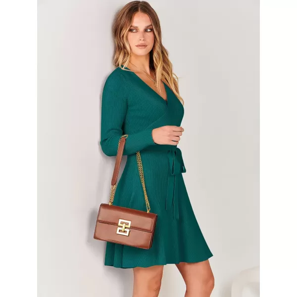 imageANRABESS Womens Sweater Dress V Neck Long Sleeve Tie Waist ALine Swing Ribbed Knit Short Dresses with BeltGreen