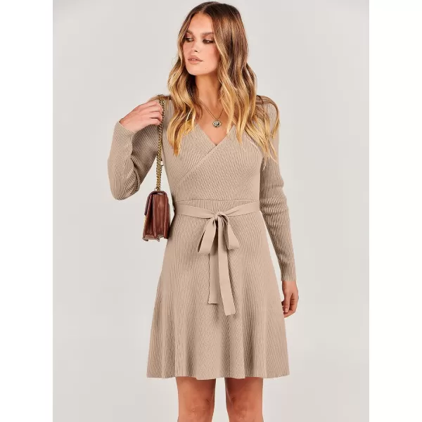 imageANRABESS Womens Sweater Dress V Neck Long Sleeve Tie Waist ALine Swing Ribbed Knit Short Dresses with BeltKhaki