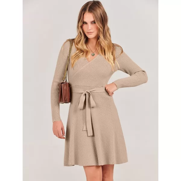 imageANRABESS Womens Sweater Dress V Neck Long Sleeve Tie Waist ALine Swing Ribbed Knit Short Dresses with BeltKhaki