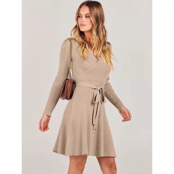 imageANRABESS Womens Sweater Dress V Neck Long Sleeve Tie Waist ALine Swing Ribbed Knit Short Dresses with BeltKhaki