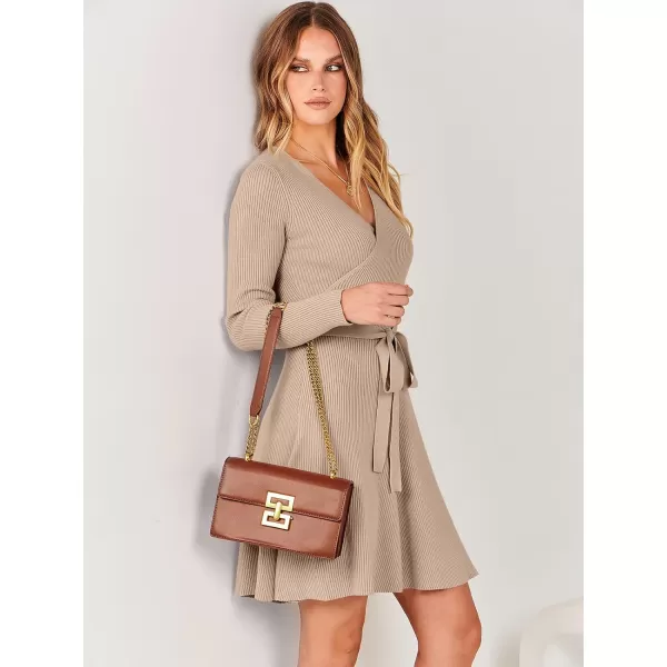 imageANRABESS Womens Sweater Dress V Neck Long Sleeve Tie Waist ALine Swing Ribbed Knit Short Dresses with BeltKhaki