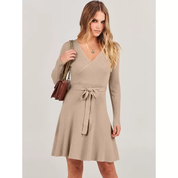 imageANRABESS Womens Sweater Dress V Neck Long Sleeve Tie Waist ALine Swing Ribbed Knit Short Dresses with BeltKhaki