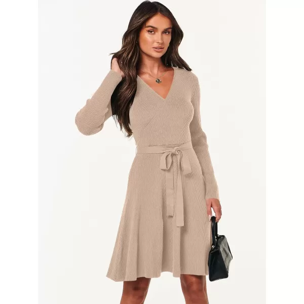 imageANRABESS Womens Sweater Dress V Neck Long Sleeve Tie Waist ALine Swing Ribbed Knit Short Dresses with BeltKhaki